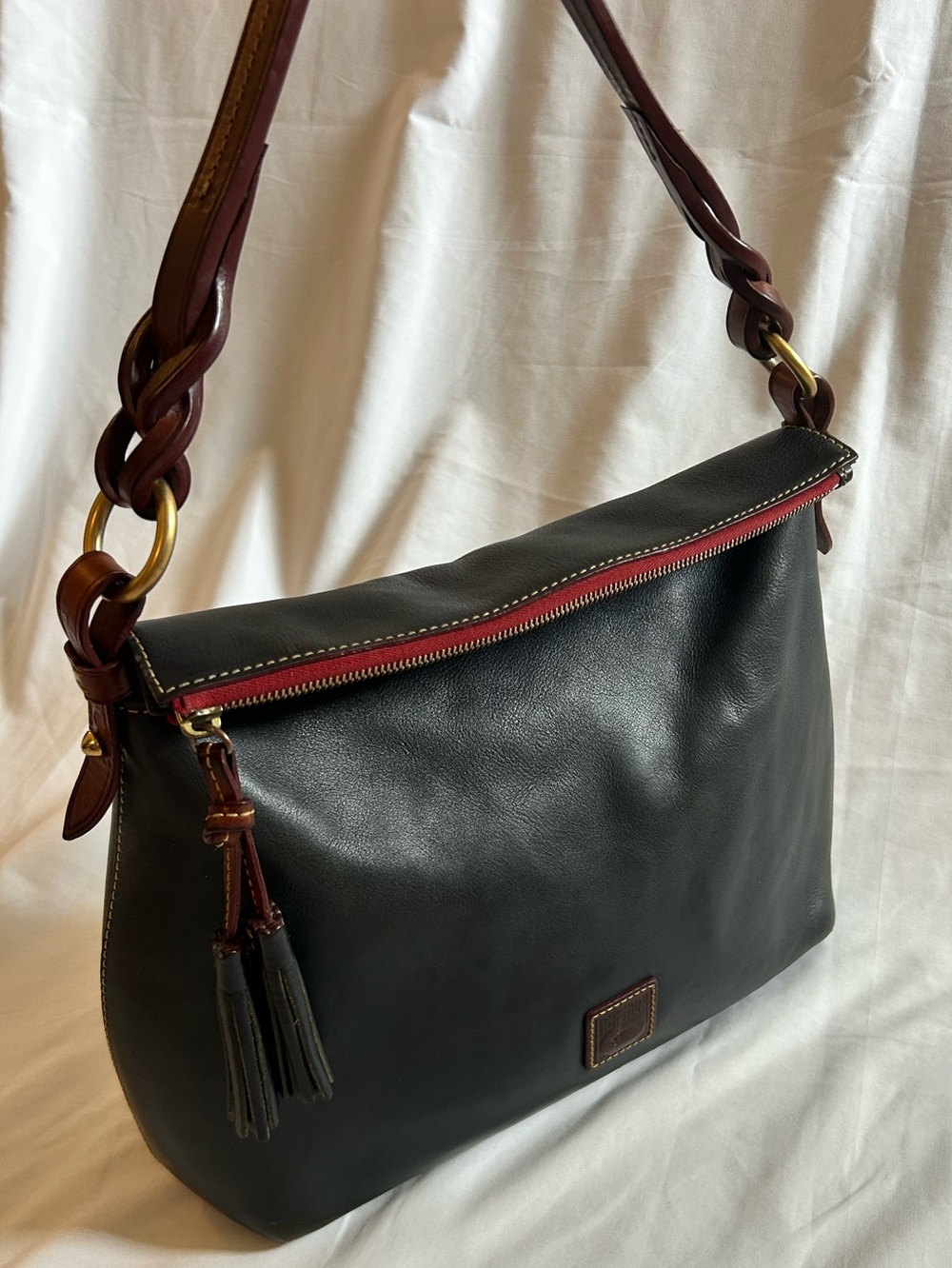 Classic Black Leather Shoulder Bag with Maroon Trim